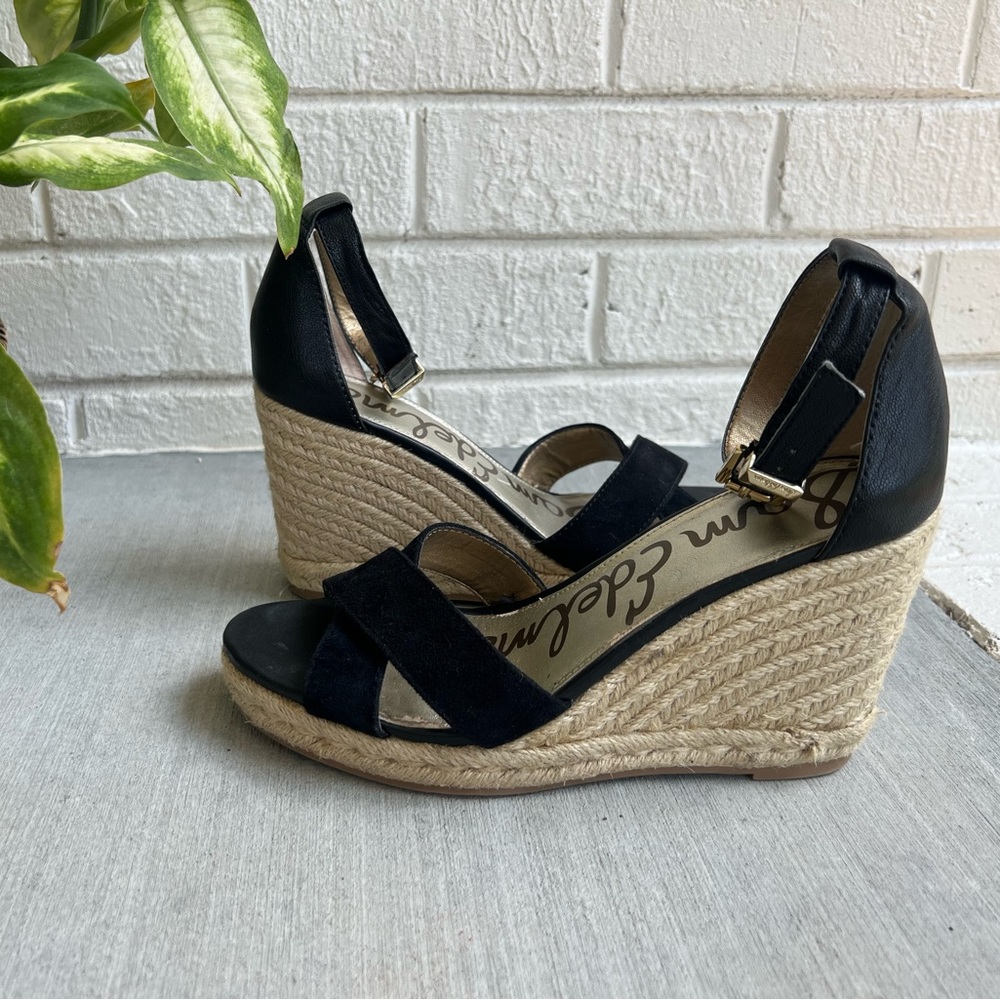Sam Edelman Espadrille Black Suede Heels with Gold Buckles